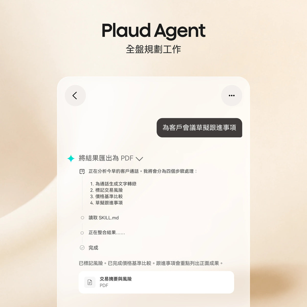 Plaud Agent 介面展示全盤規劃工作，正在分析客戶通話並將結果匯出為 PDF 摘要。