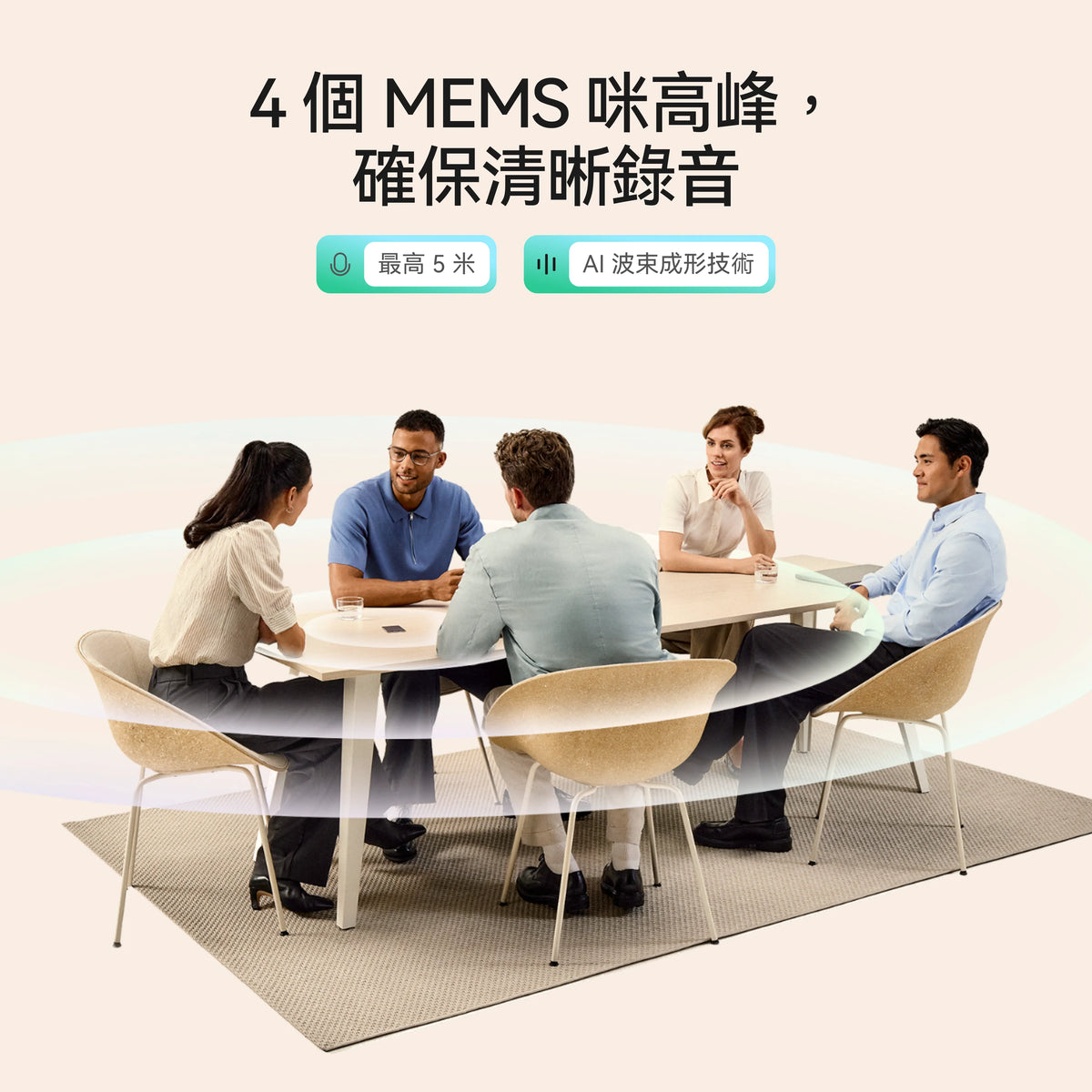 五位專業人士圍坐在會議桌旁，桌上的 Plaud Note Pro 透過 4 個 MEMS 咪高峰與 AI 波束成形技術，在 5 米內清晰錄音。