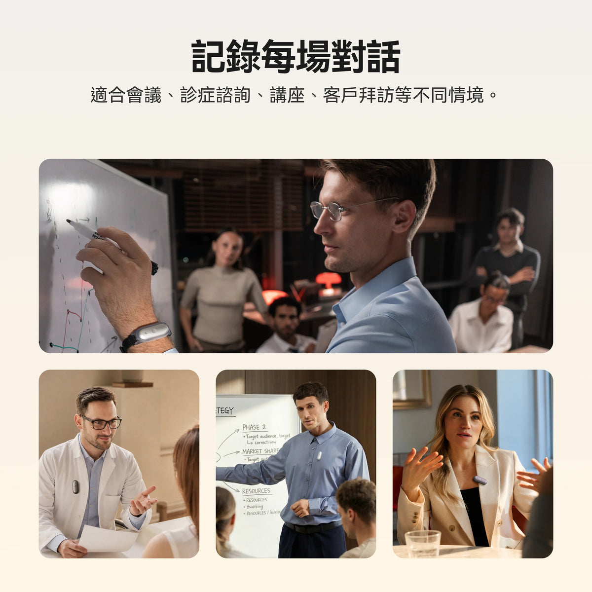專業人士在會議、診症與講座中佩戴 Plaud 穿戴式 AI 錄音機，記錄每場對話。